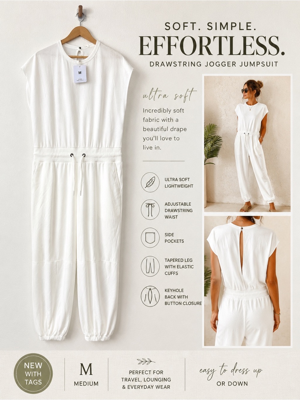 Fashion Clothing White Drawstring Waist Jogger Jumpsuit Medium